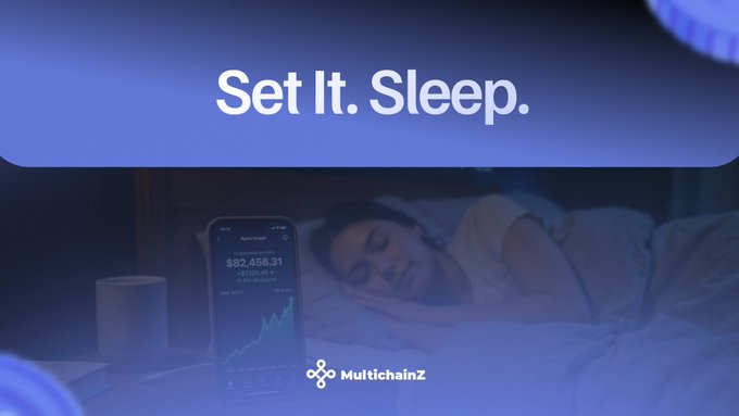 A woman sleeps peacefully in bed alongside a smartphone displaying an "Apex Raiser" dashboard with $82,456.31 (+$7206.43 / +9.59% Monthly), under the "Set It. Sleep." headline and "MultichainZ" branding. The image visually reinforces the post's message about DeFi automation—letting agents handle risk monitoring and cross-chain fund management so users don't need to disrupt their sleep to manage portfolio health.