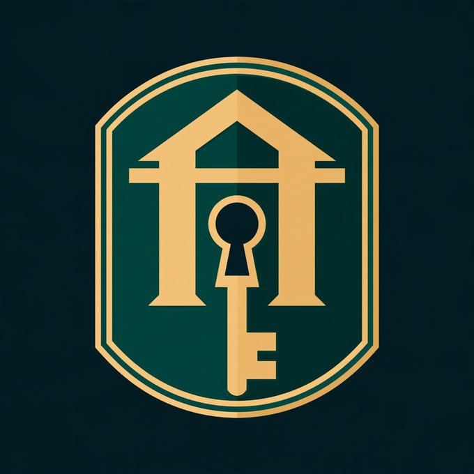 A logo featuring a gold house-shaped building with a key incorporated into its design, set on a dark green oval background.