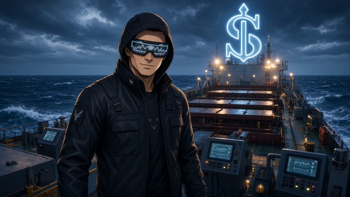 A digital illustration of a hooded character wearing glowing blue goggles on the deck of a cargo ship at night, with an anchor and dollar sign symbol glowing in the sky above.