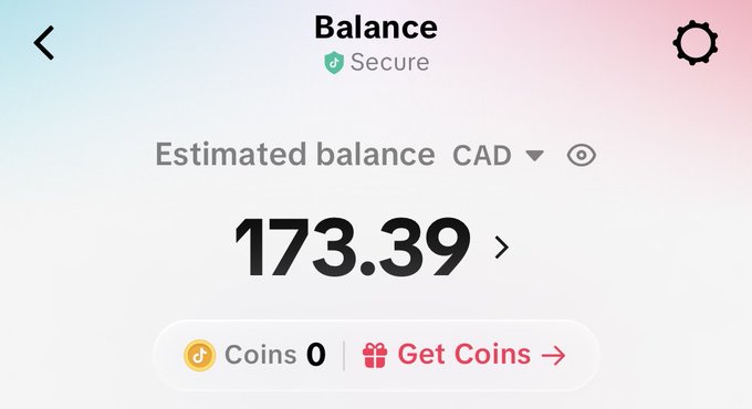 A mobile app balance screen showing an estimated balance of 173.39 CAD, marked as 'Secure' with 0 coins and a 'Get Coins' option.