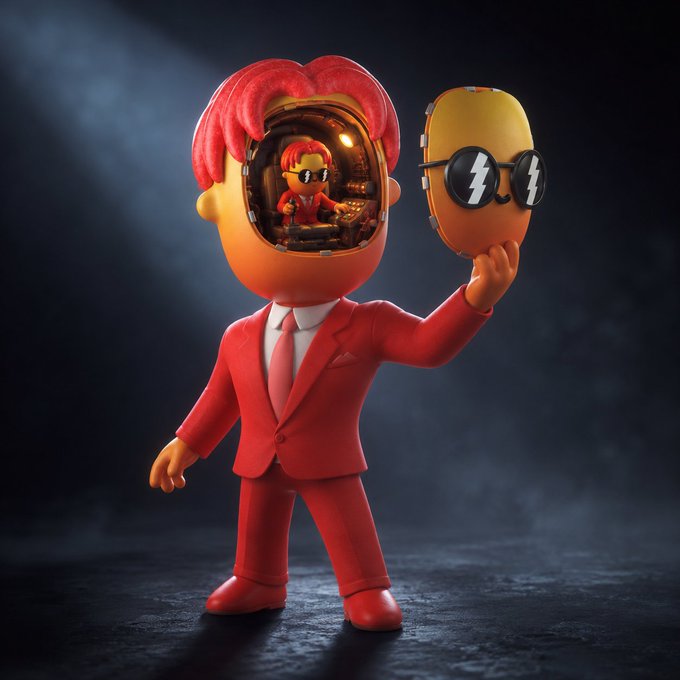A stylized 3D figurine of a person in a red suit holding a yellow mask with lightning bolt eyes, revealing a smaller version of itself inside the head cavity.