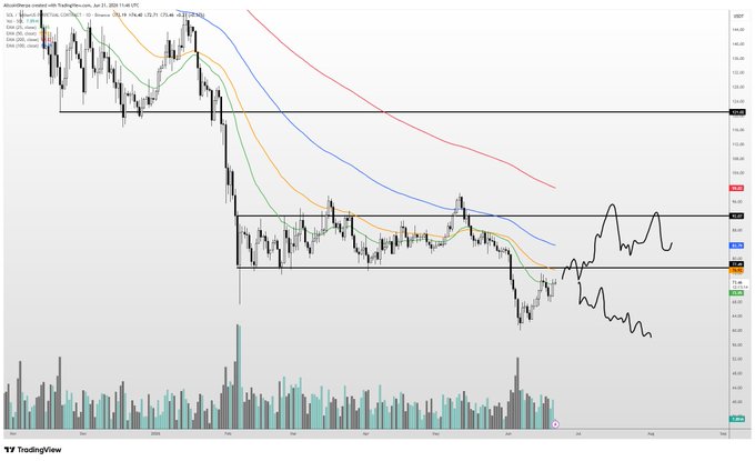 "SOL is trying very hard here on the lower time frames and seems like there are a lot of guys pushing it on the timeline. Overall solana is still trash on high time frames but it' s definitely not going to fire in until I see a reclaim of $77". Focus on what is in the image and how it relates to the post.