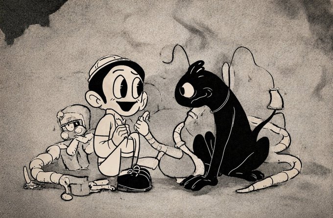 Black and white 1930s-style rubber hose animation drawing depicting a young boy happily giving thumbs up to a black cat-like creature with long limbs in a smoky/industrial setting.