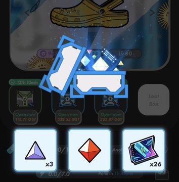 A mobile game screenshot showing a loot box interface with a glowing blue boot item and three reward options at the bottom: a purple triangle (x3), a red diamond, and a blue crystal card (x26), labeled 'Loot Box'.