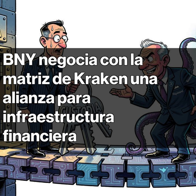 A satirical cartoon illustration of a sweating businessman handing over keys labeled 'CUSTODIA' to a tentacled figure representing Payward/Kraken, standing on interconnected puzzle pieces, with Spanish text announcing 'BNY negocia con la matriz de Kraken una alianza para infraestructura financiera'.
