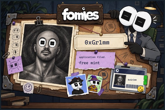 A 'fomies' NFT application image featuring a sketch portrait with the username '0xGr1mm', noting 'application filed' and 'free mint'.