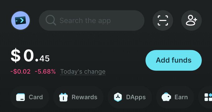 A screenshot of a crypto wallet app displaying a balance of $0.45, down $0.02 or 5.68% today, with an "Add funds" button and menu options for Card, DApps, Earn, and Rewards.