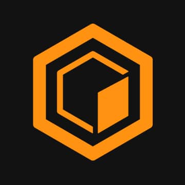Orange geometric hexagonal logo on a dark gray background.