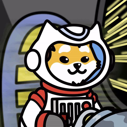 ikura, a Shiba Inu dog, wears a white and red spacesuit with a blue helmet and holds a space-themed controller.