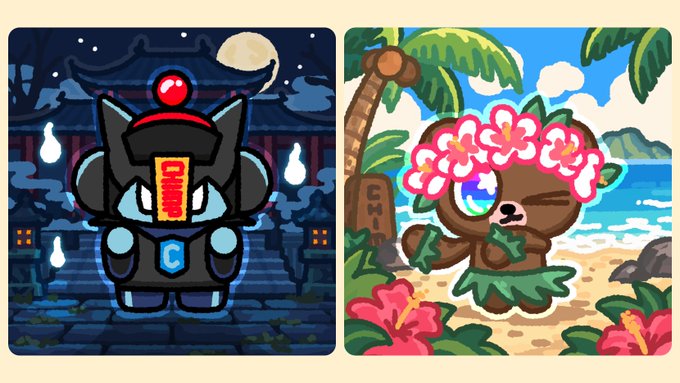 Two cartoon-style NFT character illustrations side by side: a black robotic cat samurai on the left and a hula-dancing brown bear with a flower crown on the right.