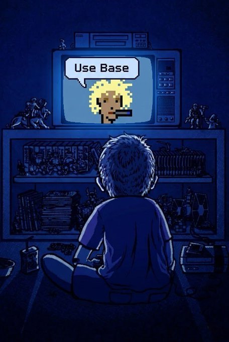 A digital illustration of a child sitting on the floor watching a TV that displays a pixelated character smoking a cigar with a speech bubble reading 'Use Base'.