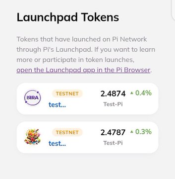 The image shows the "Launchpad Tokens" section of the Pi Browser, displaying two testnet tokens (one labeled "IRRA" and another with a circular red design) both priced around 2.4876 and 2.4788 with small positive gains. This screenshot illustrates the article's point by showing concrete examples of Pi Launchpad tokens actively represented with price data within the Pi Network's ecosystem.