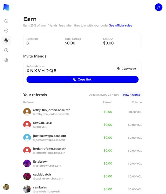 A referral earnings dashboard showing 8 referrals, $0.00 total earned, with a referral code "XNXDVHQ8" and a list of referred users including refby-1ba-jordan.base.eth and jtestolswaps.base.eth.