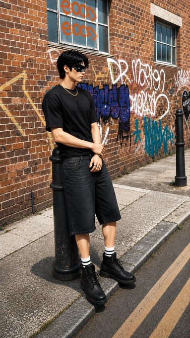 A person in a black t-shirt, denim shorts, and boots leans against a black post on a sidewalk in front of a graffiti-covered brick wall with visible text including 'DR. MORTON' and 'god god' on a window.
