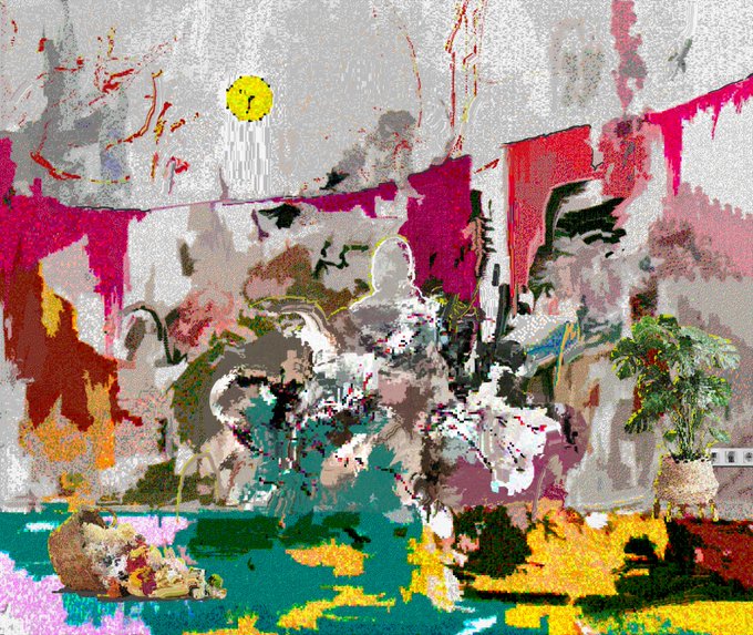 An abstract, glitchy digital artwork with vibrant splashes of pink, red, yellow, and teal, depicting fragmented forms that suggest a figure and a plant in a chaotic composition.