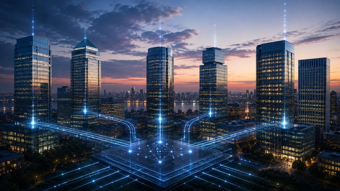 A futuristic cityscape at dusk featuring modern skyscrapers connected by glowing blue digital network lines, representing smart city or 5G connectivity technology.