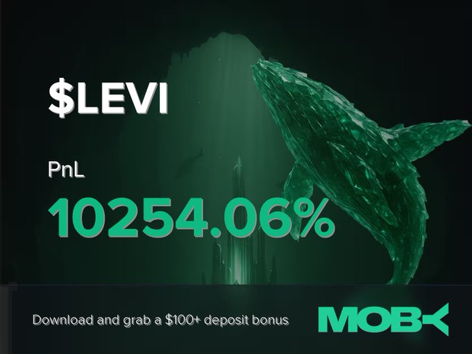 A green whale sculpture rises against a dark underwater backdrop in this promotional graphic, highlighting a $LEVI trade alert with a massive +10254.06% PnL return. The Moby Mobile app is advertised at the bottom with a $100+ deposit bonus offer.
