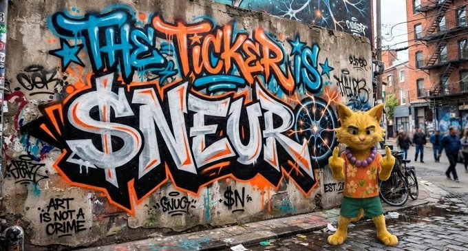 A graffiti mural on a city wall reading 'THE TICKER IS $NEUR' next to a yellow cat-like character in a Hawaiian shirt giving a thumbs up, with 'ART IS NOT A CRIME' written below.