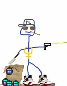 A stick-figure cartoon character wearing a 'TL' cap, sunglasses, a gold dollar-sign chain, and Jordans, holding a knife and a smoking gun, with a burlap sack filled with stacks of bills at their feet.