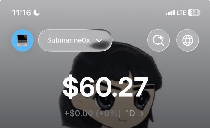 A mobile screenshot shows an app interface displaying a wallet labeled "Submarine0x" with a balance of $60.27 (+0% change) over a 1-day period, featuring an anime-style character in the background. The image visually reinforces the post's claim of reaching a "$60+" milestone, prompting viewers to take quick action.