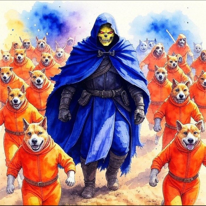 A watercolor-style illustration of a menacing figure in a blue hooded cloak with a skeletal, grinning face, leading an army of Shiba Inu dogs wearing orange jumpsuits.
