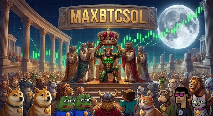 A promotional image for 'MAXBTCSOL' featuring a crowned bull figure on a throne surrounded by various meme characters, with a green candlestick chart and moon in the background.