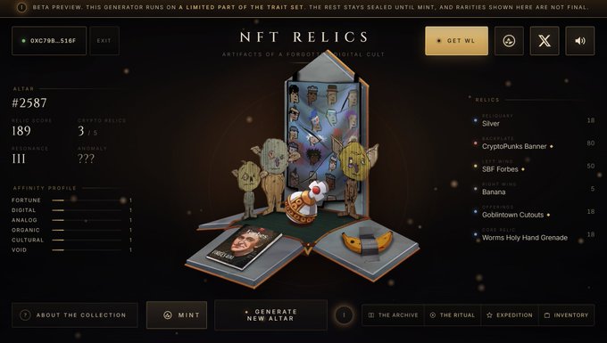 The image displays an interface for "NFT RELICS," showcasing Altar #2587, one of 189 relic altars, with a digital still life of artifacts including CryptoPunks Banner, SBF Forbes, and Banana. The post relates to the site nft-relics.xyz, directing users to a mint for the 5,000 altars on Robinhood Chain.