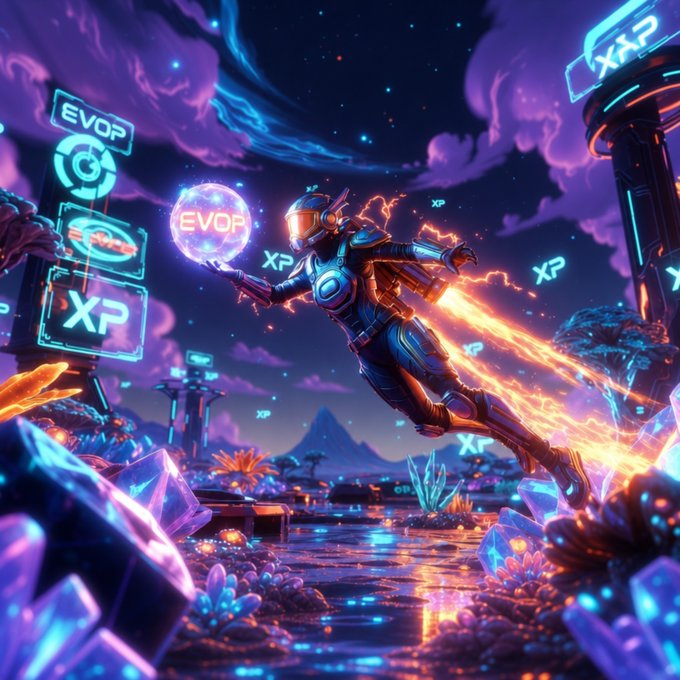 A vibrant sci-fi digital artwork of an armored futuristic character flying through a neon-lit alien landscape with glowing 'XP' and 'EVOP' holographic signs and crystalline terrain.