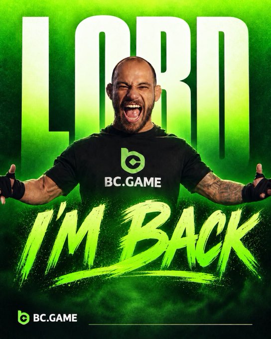 A vibrant green promotional poster showing a tattooed man with 'LORIN' in large letters behind him and 'I'M BACK' in brushstroke text below, with the 'BC.GAME' logo.