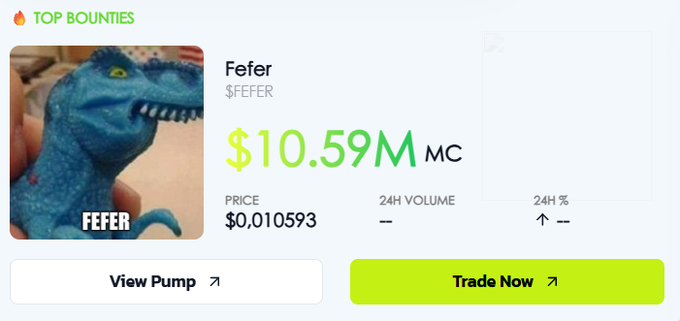 A 'Top Bounties' trading card for the Fefer ($FER) meme token featuring a dinosaur image, with a market cap of $10.59M and price of $0.010593.