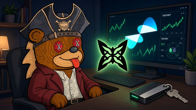 A cartoon illustration of a pirate teddy bear sitting at a desk with a computer displaying charts, a glowing butterfly logo, and a hardware wallet.