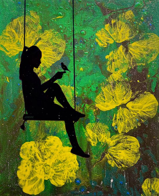 A silhouette of a woman sitting on a swing holding a small bird, set against a vibrant green and yellow painted floral background.
