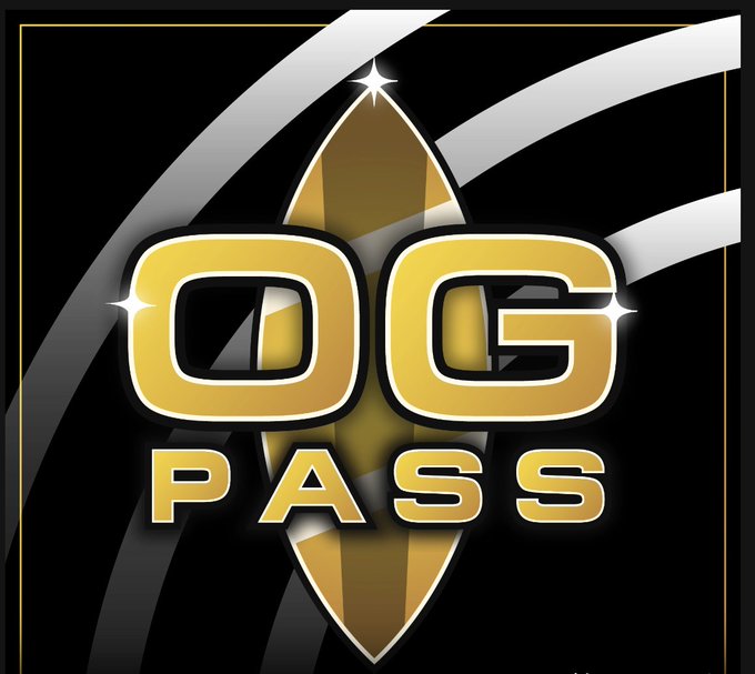 A golden and black emblem featuring a surfboard design with the bold text "OG PASS" prominently displayed. The image relates to the post as the user is showing off their newly acquired "OG Pass" NFT, likely a membership or access token from the SpaceRidersXYZ community, symbolizing their deeper involvement with the group.