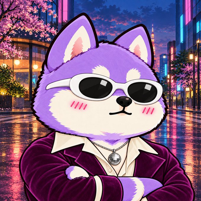 A purple Shiba Inu character wearing white sunglasses, a disco ball pendant, and a magenta blazer stands confidently with arms crossed against a neon-lit Tokyo cityscape with cherry blossoms. The image embodies the $STONKINU crypto meme aesthetic by blending the iconic Shiba Inu mascot with a stylish, upbeat "stonks"-inspired vibe.