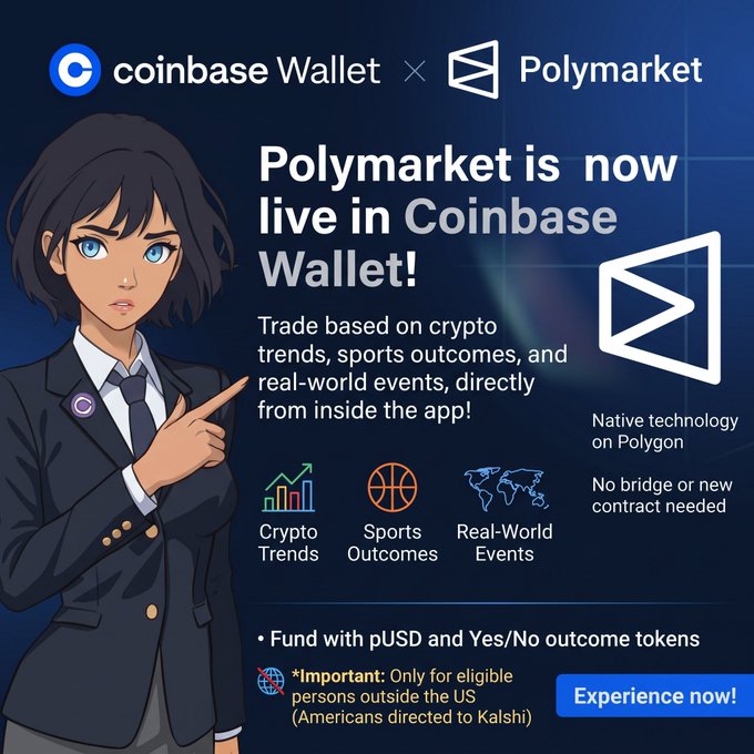 A promotional graphic announces that 'Polymarket is now live in Coinbase Wallet!', featuring an anime-style character and details about trading crypto trends, sports outcomes, and real-world events on Polygon.