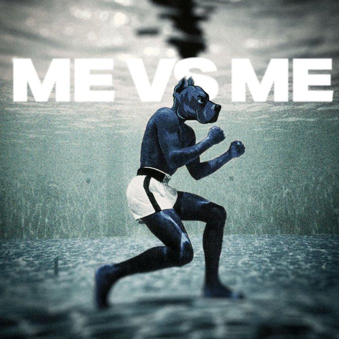 The image shows a figure wearing a pit bull dog mask and white boxing shorts in a fighting stance underwater, with the bold text "ME VS ME" displayed across the top. It visually reinforces the motivational quote "Don't count the days, make the days count" by depicting the internal battle of self-improvement as a literal fight against oneself.