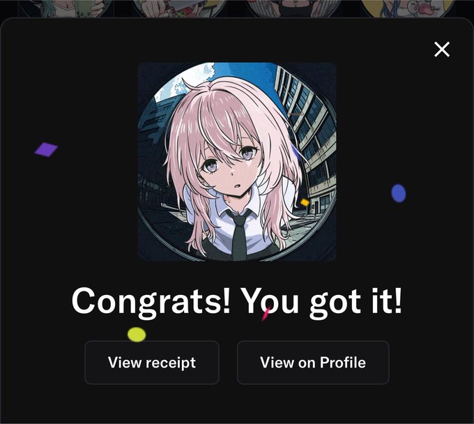 A digital achievement screen displaying an anime-style girl with pink hair in a white shirt and tie, with the celebratory text 'Congrats! You got it!' and buttons to 'View receipt' or 'View on Profile'.