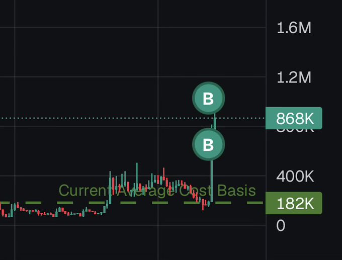 A candlestick chart displays two "B" markers (likely indicating Bitcoin) with a peak reaching 868K, far above the dashed "Current Average Cost Basis" line at 182K, illustrating a massive unrealized gain consistent with the post's excitement about an 8-figure coin position bought at 180K.