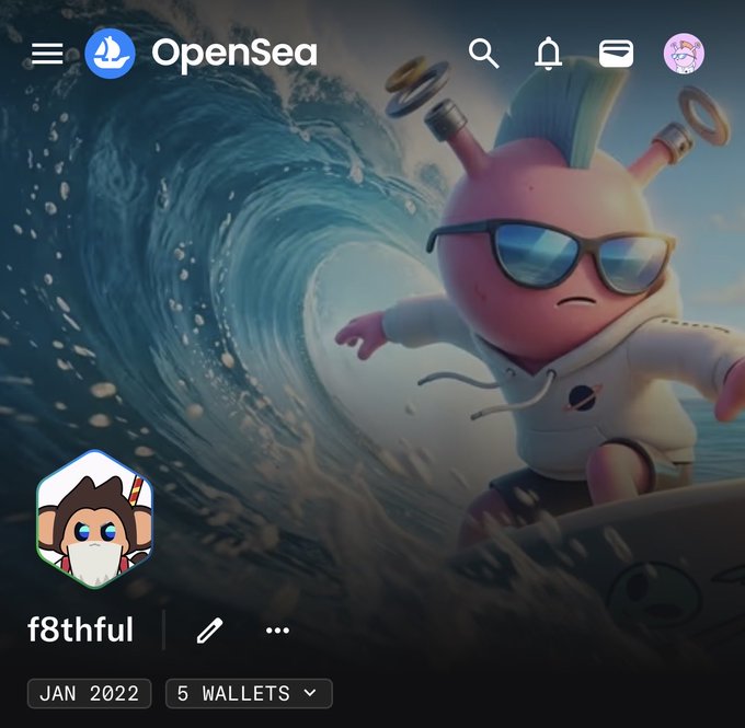 OpenSea profile page for user 'f8thhful' showing a surfing alien character with sunglasses and headphones as the profile picture, joined January 2022 with 5 wallets.