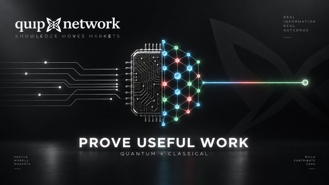 A promotional banner for QuPin Network with the tagline 'KNOWLEDGE MOVES MARKETS,' featuring a stylized brain made of glowing neural network nodes and the headline 'PROVE USEFUL WORK: QUANTUM X CLASSICAL.'