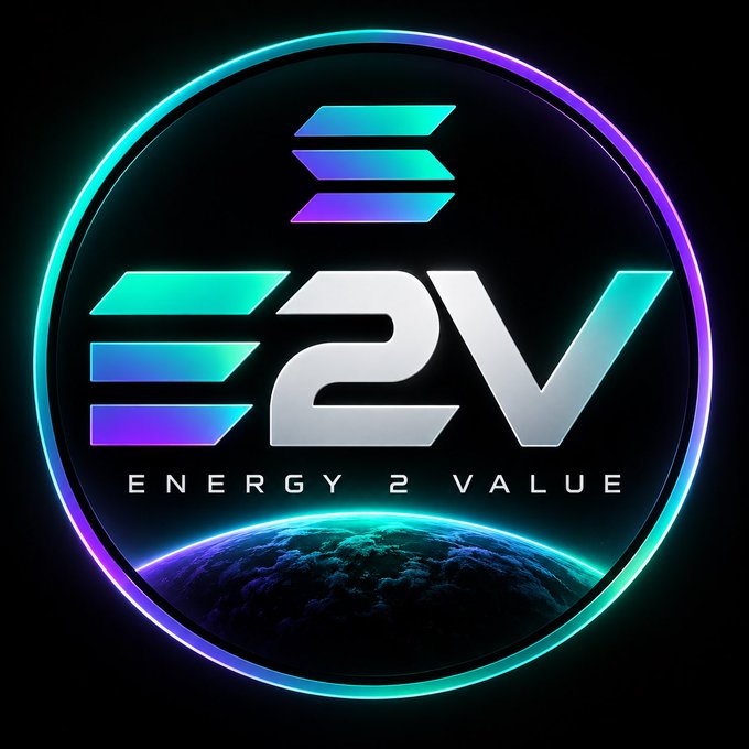 A glowing neon circular logo reads "E2V ENERGY 2 VALUE" with stylized arrow lines above a view of Earth from space.