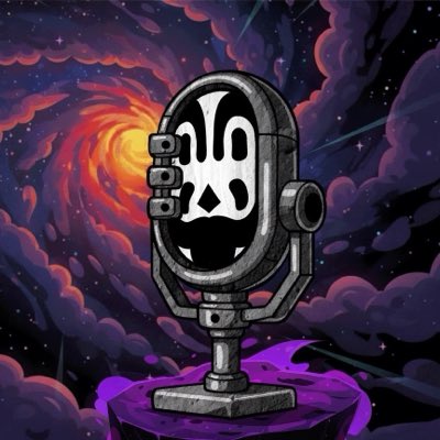 A stylized illustration of an ornate metal microphone with a tribal mask design on its face, set against a swirling cosmic purple and orange sky.