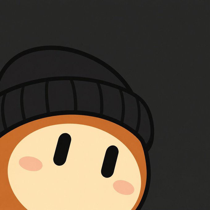 A cartoon emoji-style avatar with a tan/orange complexion, oval black eyes, pink cheeks, and wearing a black knit beanie, set against a dark gray background.