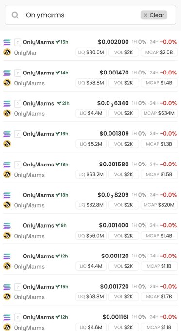 A DexScreener search results page for "Onlymarms" showing numerous tokens with identical or similar names (OnlyMarms, OnlyMarms), each with low prices around $0.001-$0.002, market caps ranging from $634M to $2.0B, and identical $2K trading volume, illustrating the post's complaint about duplicate token listings causing confusion for retail investors.