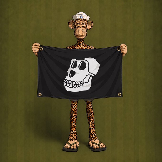 A cartoon illustration of a leopard-print humanoid figure wearing a sailor hat and sandals, holding up a black pirate flag with a white skull design against a green striped background.