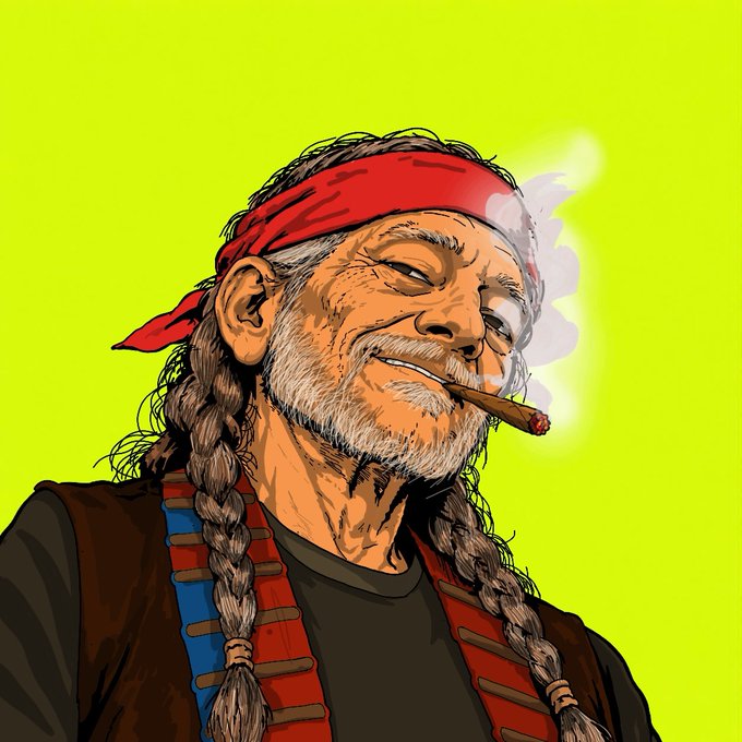 A comic book-style illustration of an older man with long braided gray hair, a red bandana, and a smoking cigar, set against a bright yellow-green background.