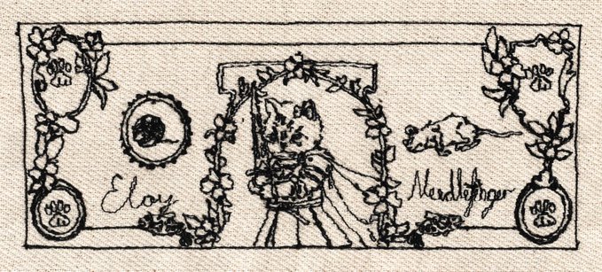 A decorative illustrated label or title page featuring a figure surrounded by floral vines, with text reading 'Eloy' on the left and 'Meadlethyer' on the right.