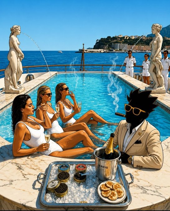 A luxurious illustration depicting three women in white swimsuits relaxing by an ocean-side pool with champagne, while a silhouetted figure in a tan suit and yellow sunglasses smokes a cigar beside a tray of caviar and blinis.
