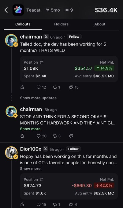 A mobile app screenshot showing Teacat memecoin callouts, with users 'chairman' and 'Dior100x' sharing their positions and PnL updates.