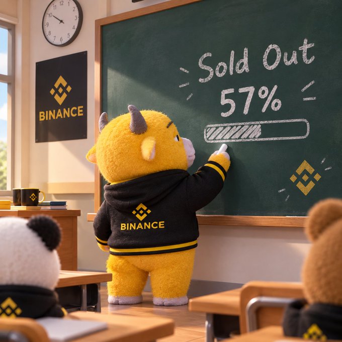 A 3D-rendered scene of a yellow furry mascot character wearing a black Binance hoodie, pointing at a chalkboard that reads 'Sold Out 57%' in a classroom setting.